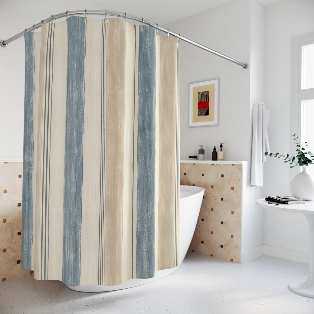 Dusty Blue Beige Vertical Stripe Shower Curtain
