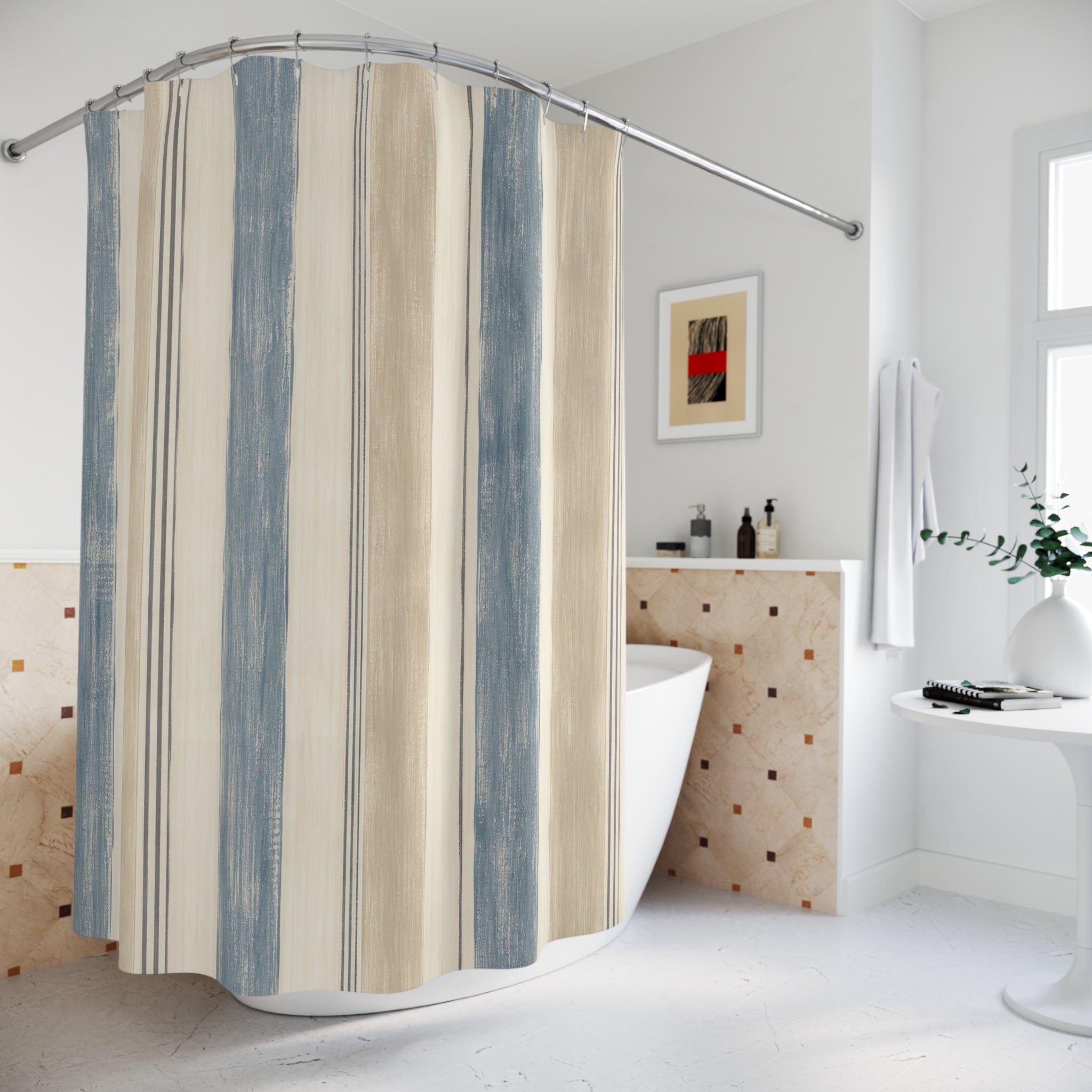 Dusty Blue Beige Vertical Stripe Shower Curtain