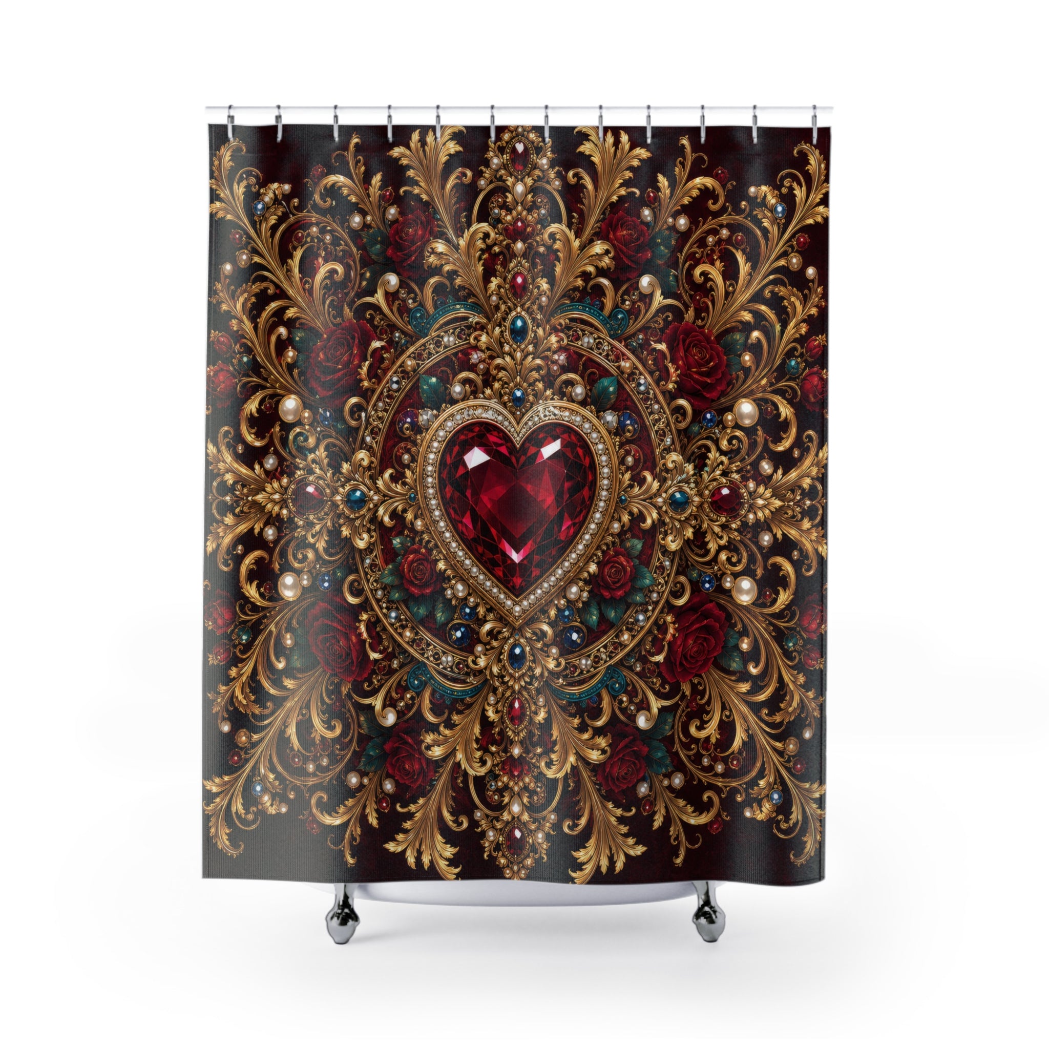 Ruby Jeweled Heart Valentine Shower Curtain