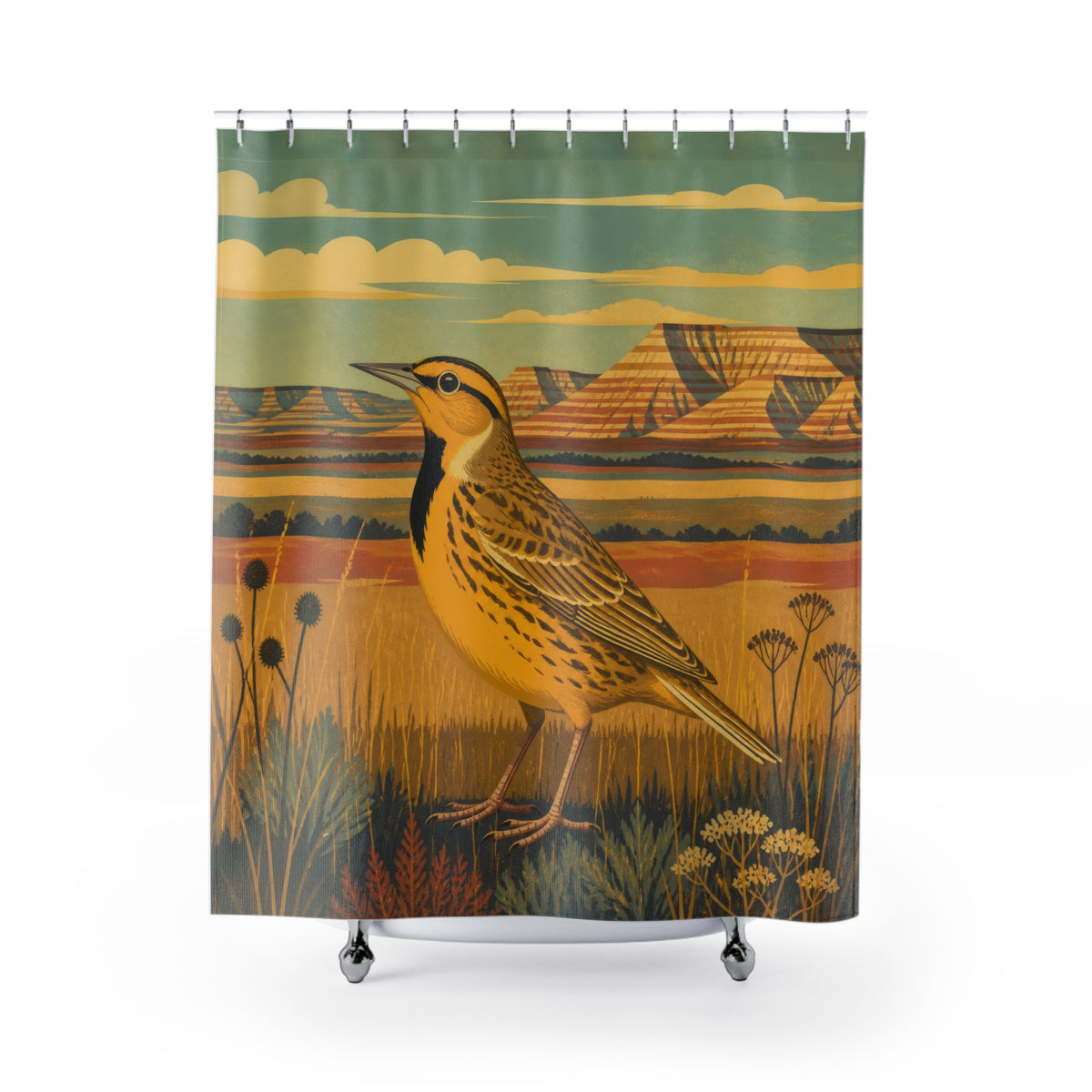 Golden yellow meadow bird before layered hills shower curtain with full front view