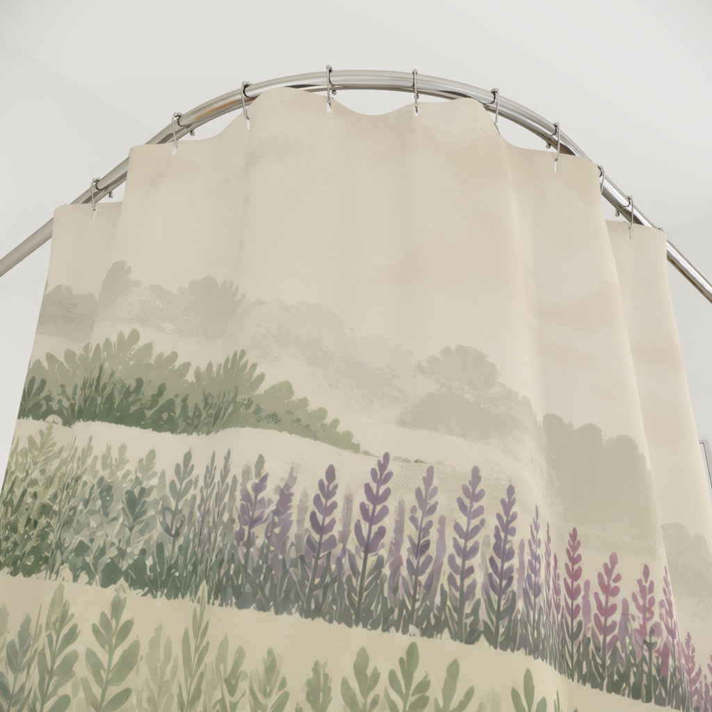 Sage terraces and lavender fields beneath a softly lit sky shower curtain with close-up print, hooks, and folds