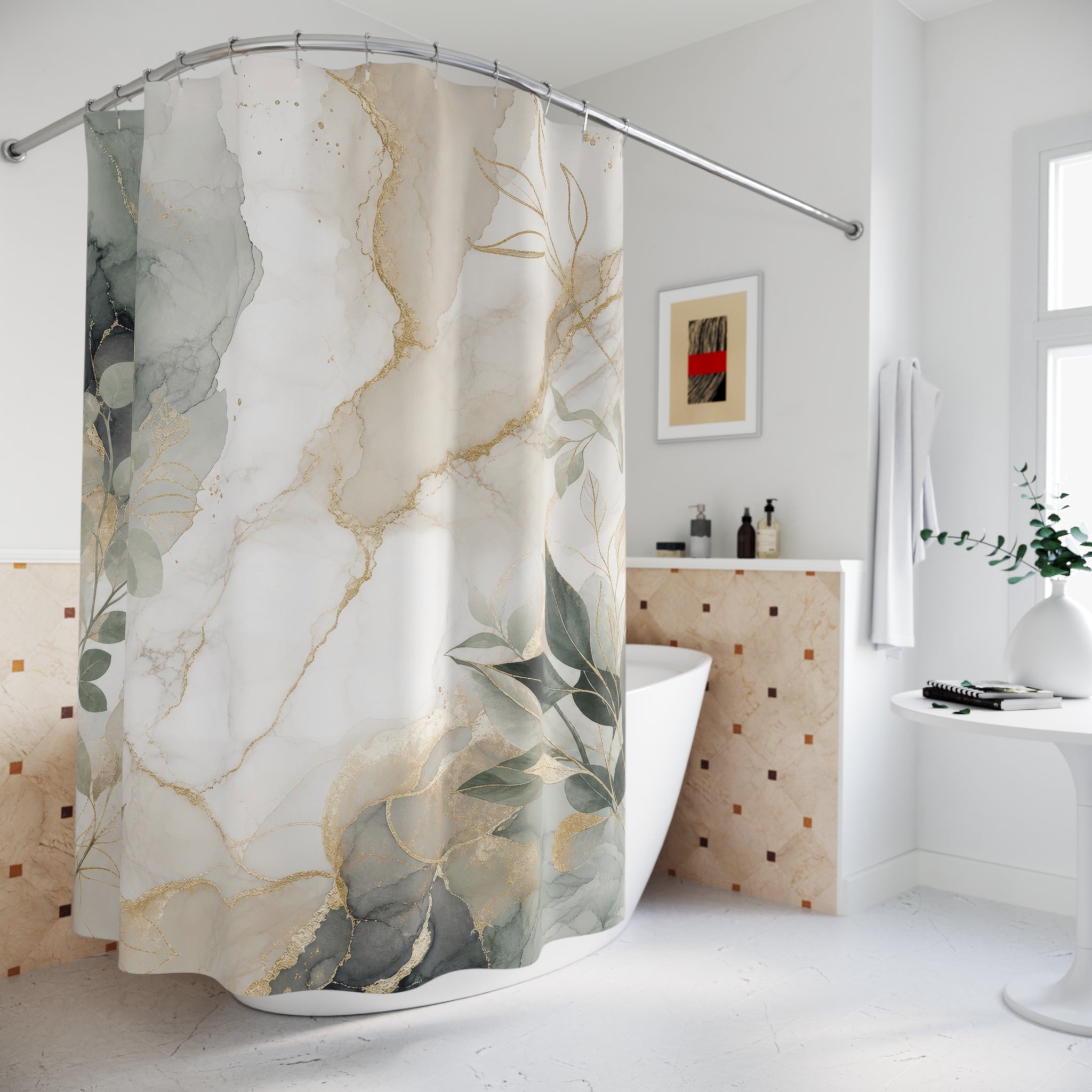 White Marble Shower Curtain: Grey Green Gold Abstract Floral