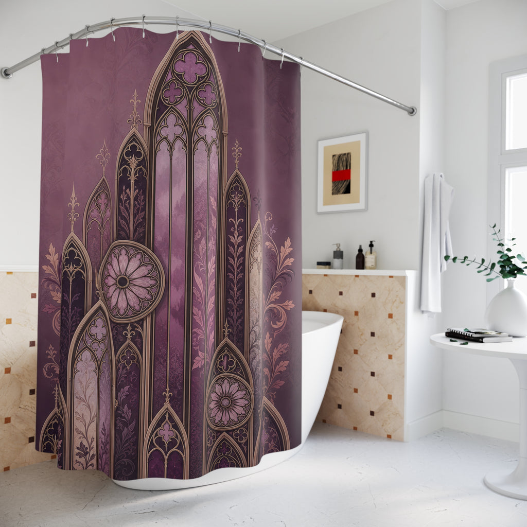 Mauve Gothic lancet arches with aubergine tracery shower curtain beside a freestanding tub