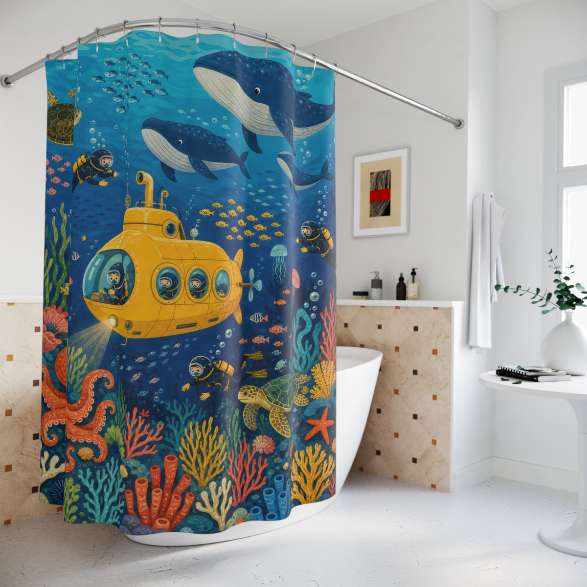 Children s Ocean Explorer Submarine Scene shower curtain beside a freestanding tub