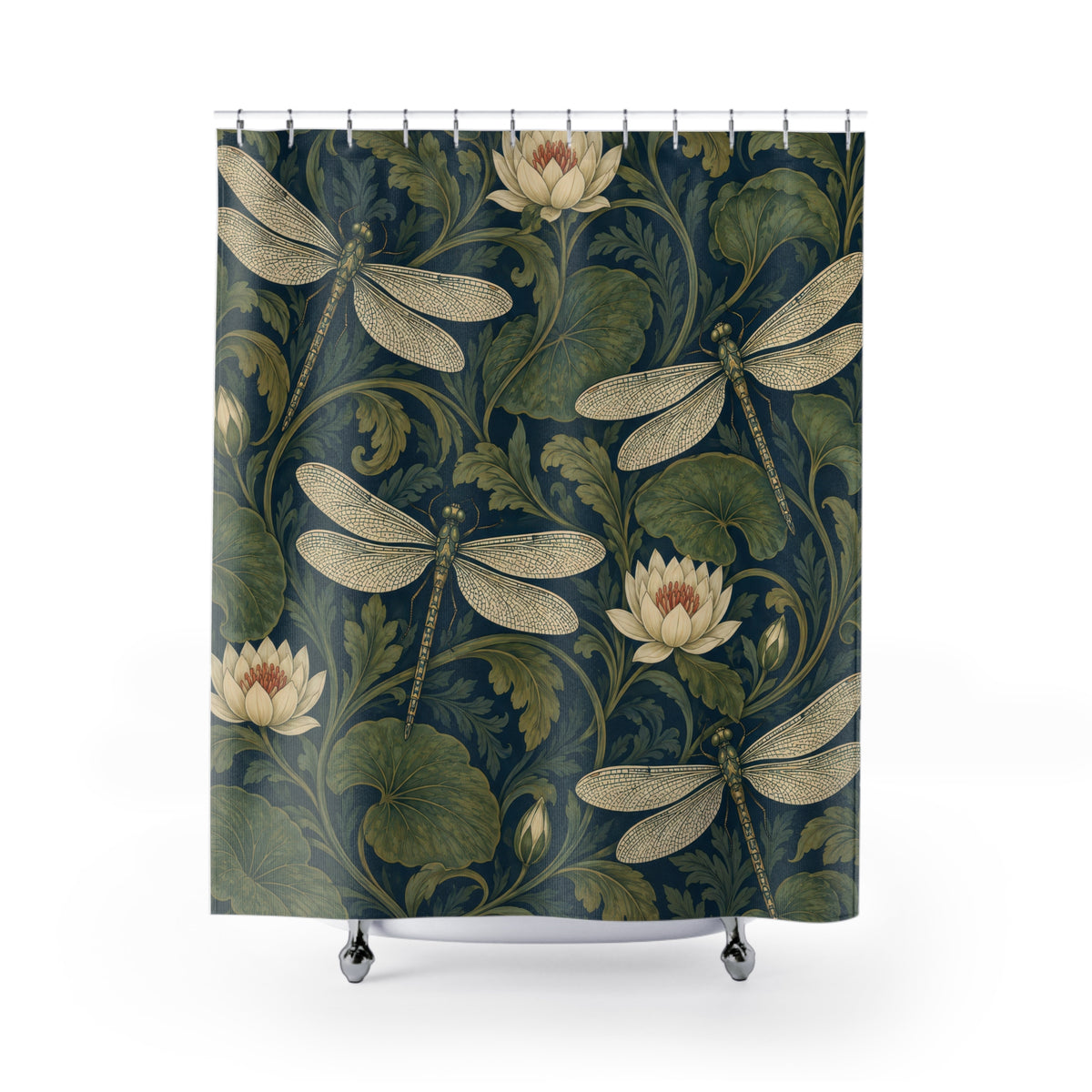 Olive and teal dragonfly waterlily shower curtain with full front view