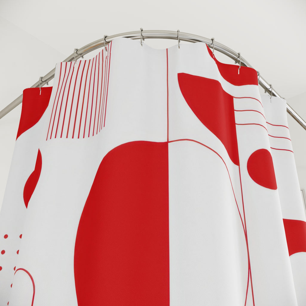 Red Geometric Shower Curtain, Bauhaus Abstract Circle Pattern, Red White Bath Decor, Modern Graphic Guest Bathroom Accent, Retro Style