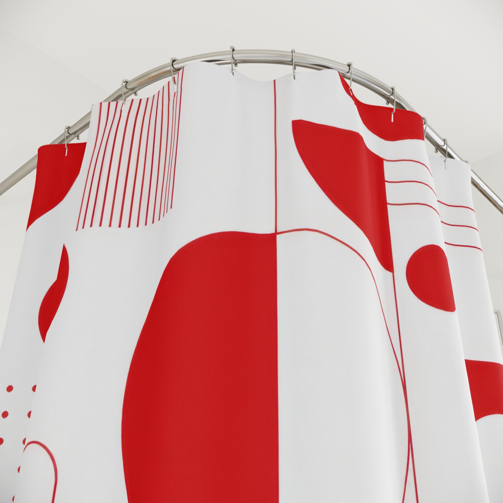 Red Geometric Shower Curtain, Bauhaus Abstract Circle Pattern, Red White Bath Decor, Modern Graphic Guest Bathroom Accent, Retro Style