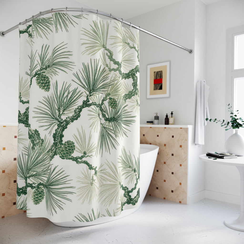 Green White Pine Branch Shower Curtain