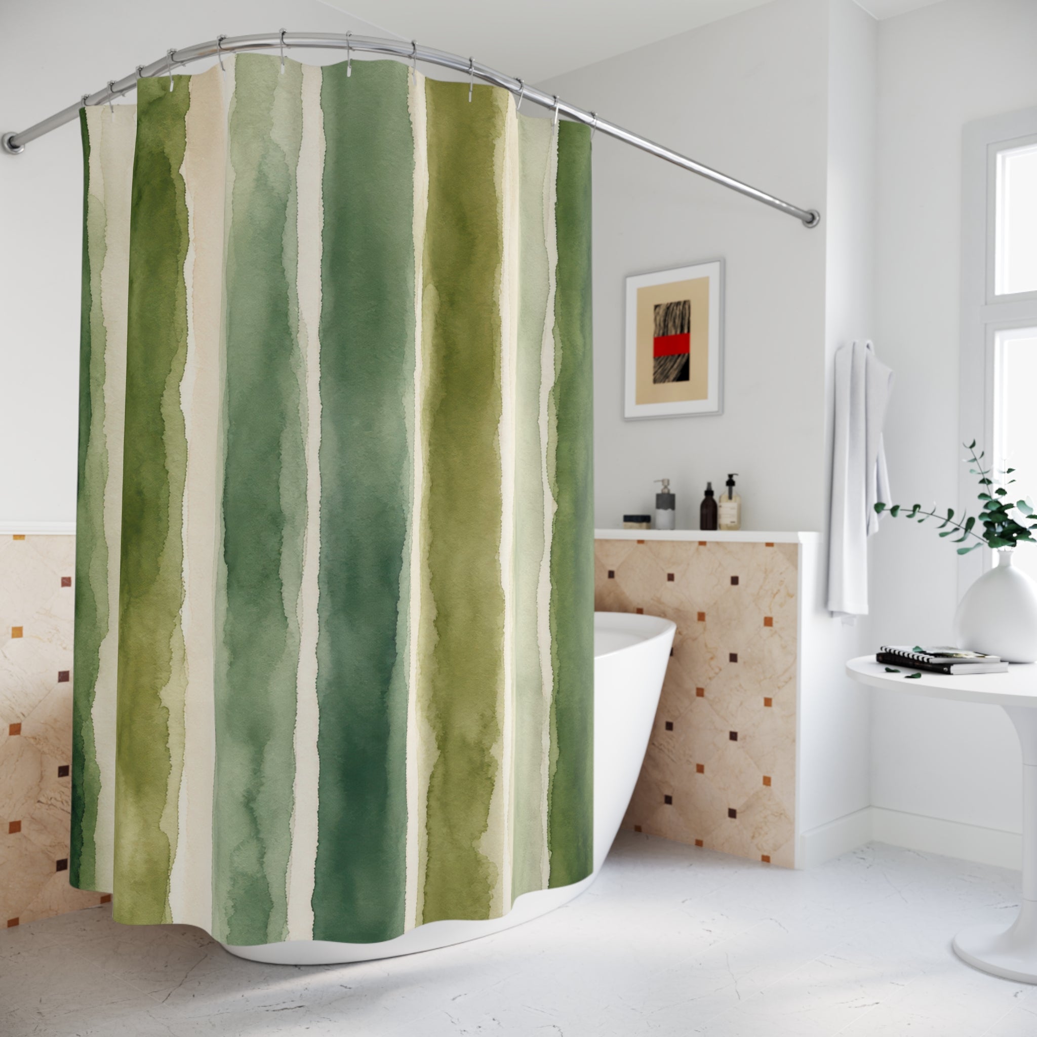 Forest Sage Green Brush Stripe Watercolor Striped Modern Cream Shower Curtain