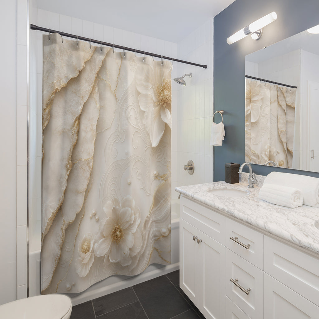 Luxury White Shower Curtain: Pearl Ivory Floral Marble