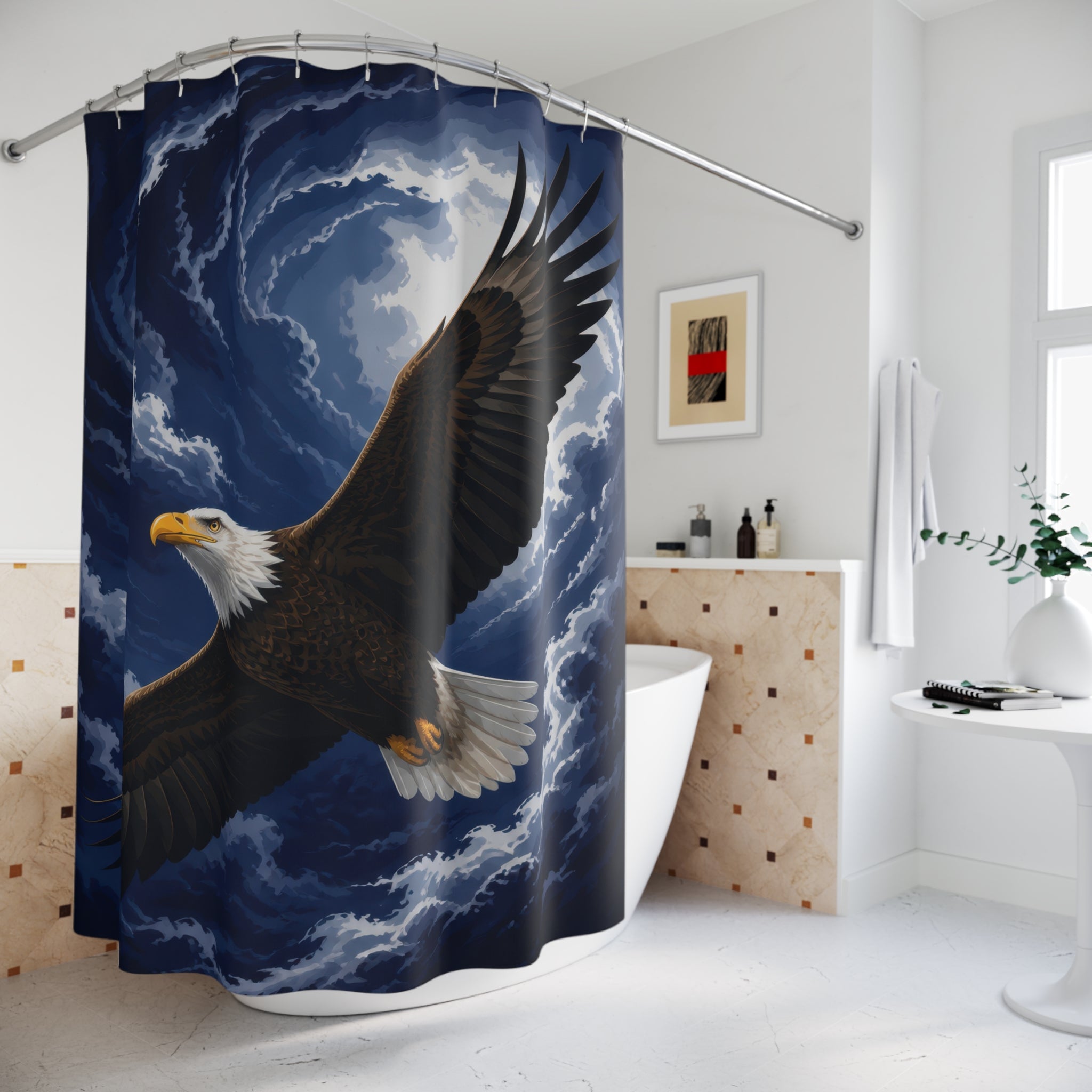 Bald eagle in flight across a navy moonlit sky shower curtain beside a freestanding tub