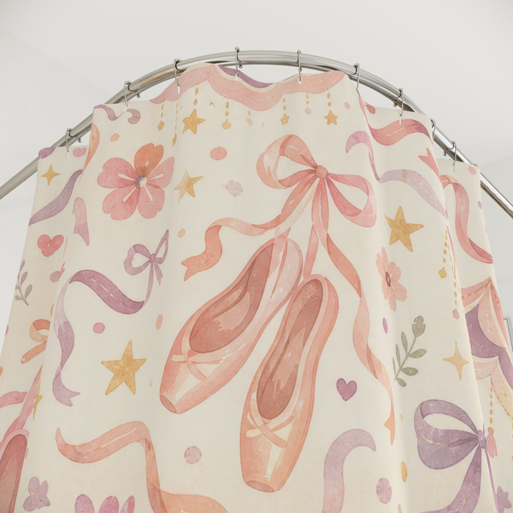 Kids Ballet Shower Curtain, Pink Pointe Shoe Bow Pattern, Dance Bathroom Decor, Soft Nursery Girls Wall Decor Guest Bath Wall Gift