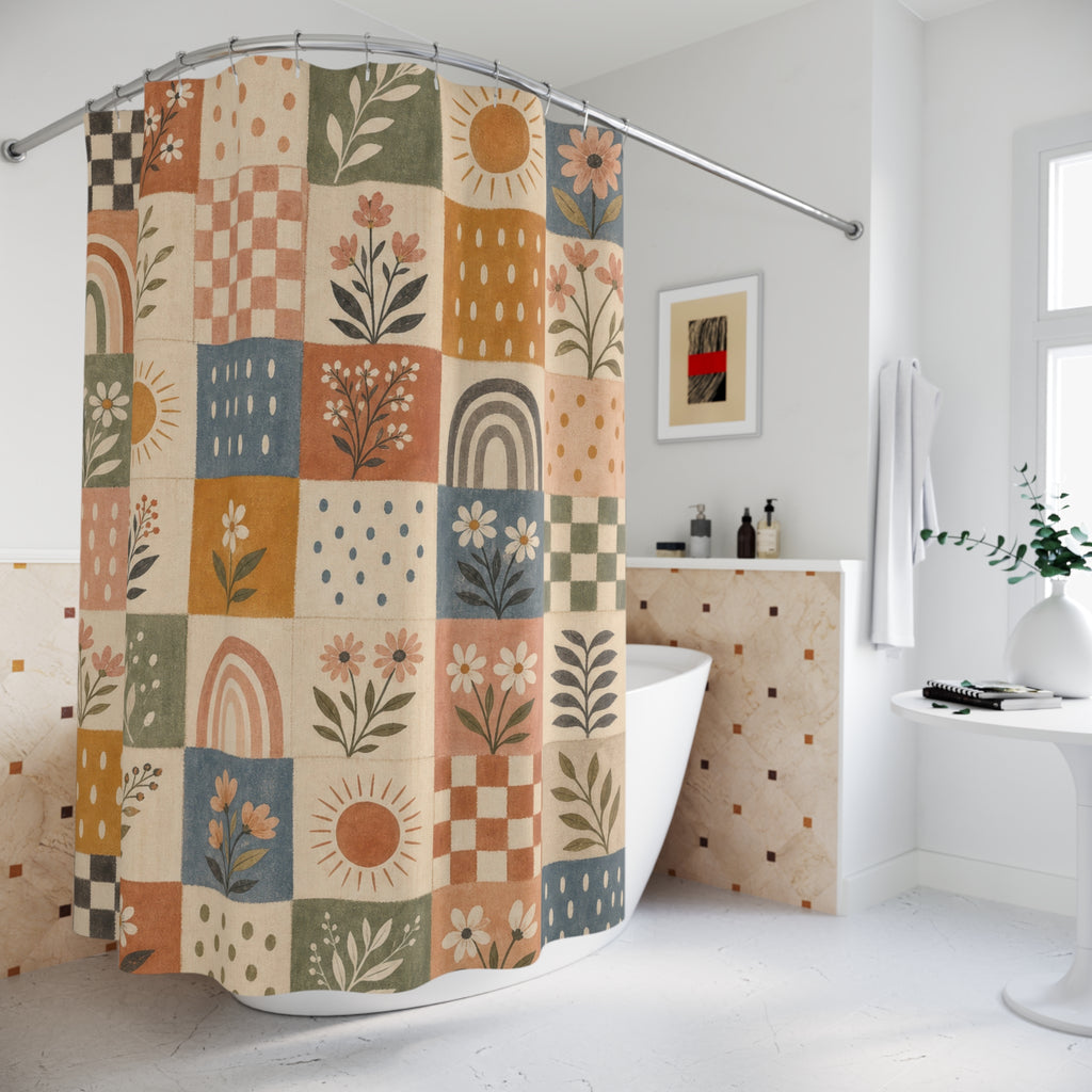 Checkered Boho Floral Shower Curtain