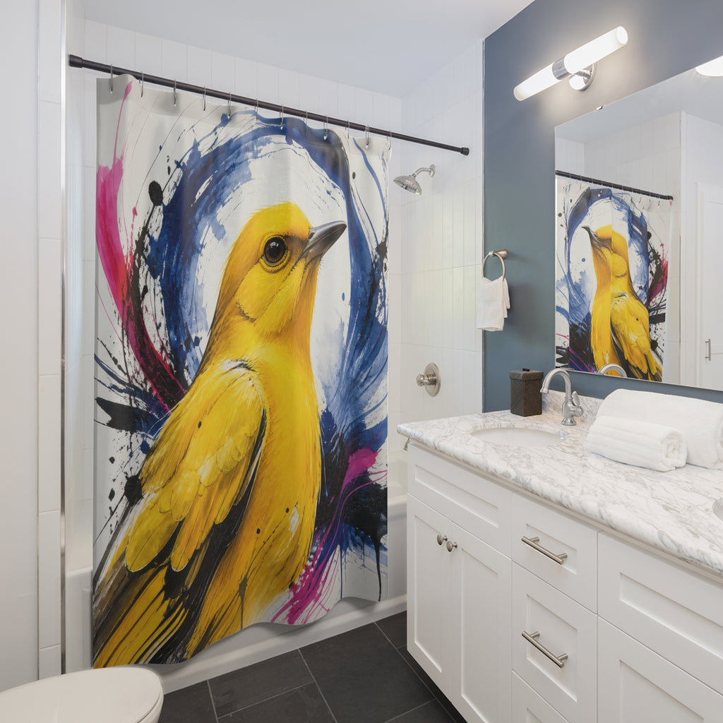 Expressive yellow bird with blue painted halo shower curtain beside a white vanity