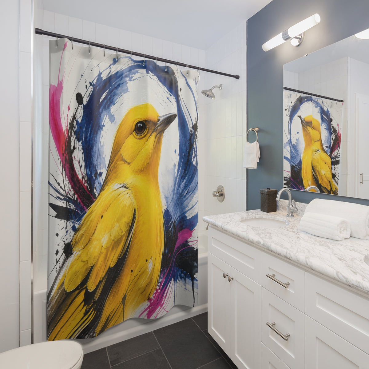Expressive yellow bird with blue painted halo shower curtain beside a white vanity