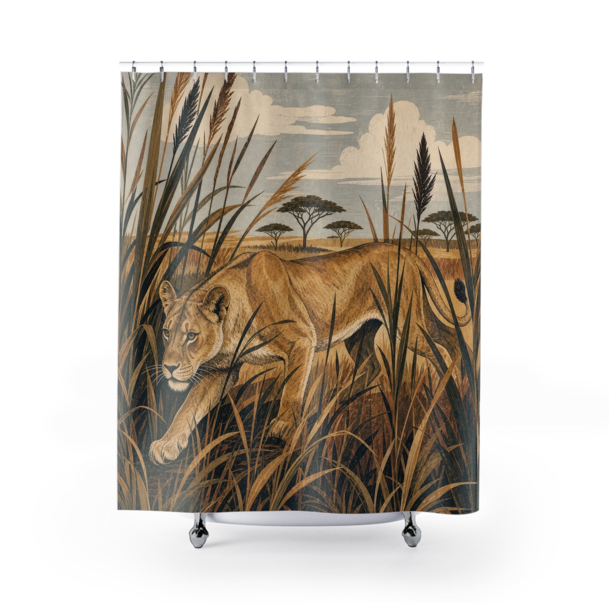 Lioness Reeds Safari Animal Scene Shower Curtain