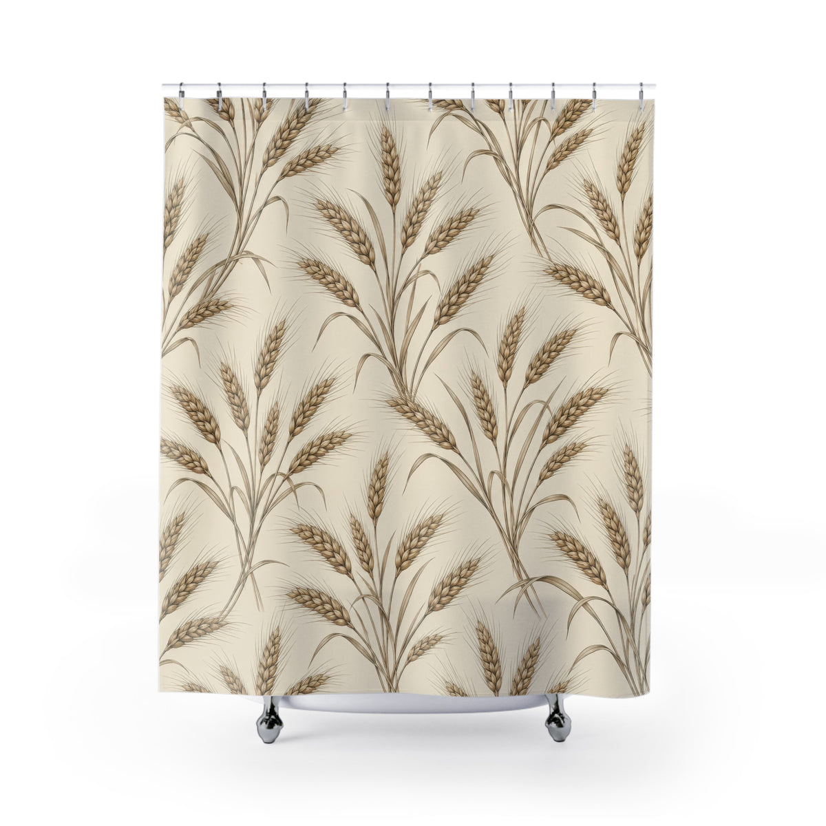 Sepia wheat sprays on cream shower curtain with full front view