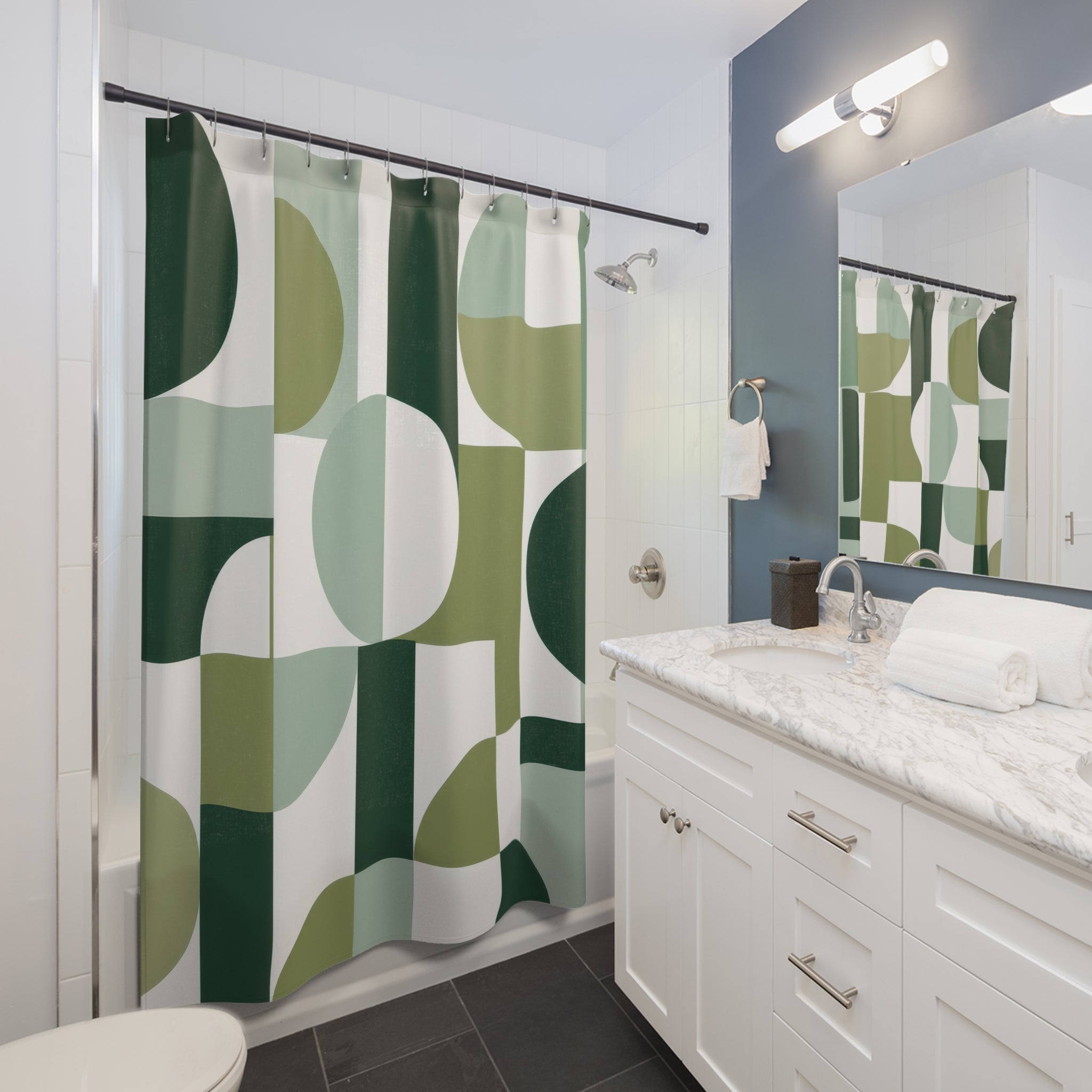 Green Geometric Shower Curtain, White Circle Bath Decor, Mid Century Block Pattern, Modern Guest Bathroom Decor, Sage Retro Style Decor