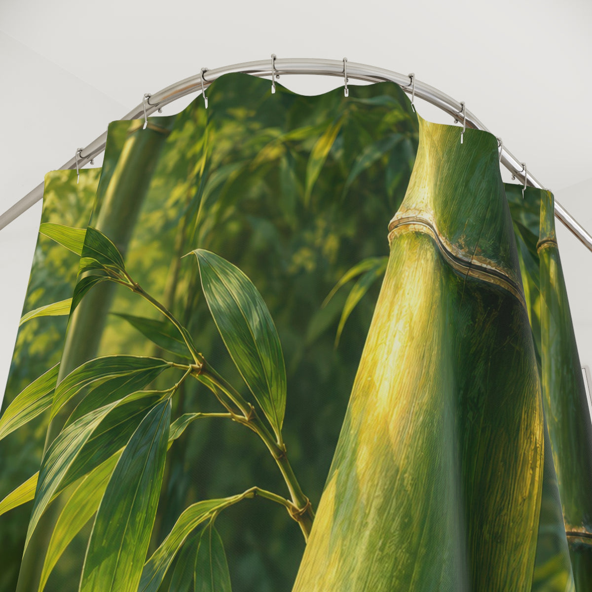 Sunlit jade bamboo stalk with green leaves shower curtain with close-up print, hooks, and folds
