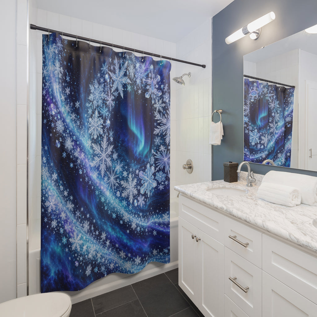 Snowflakes in blue and violet aurora light shower curtain beside a white vanity