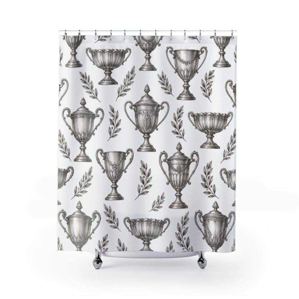 Silver trophy cups and gray laurel sprigs shower curtain with full front view