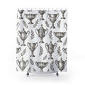 Silver trophy cups and gray laurel sprigs shower curtain with full front view