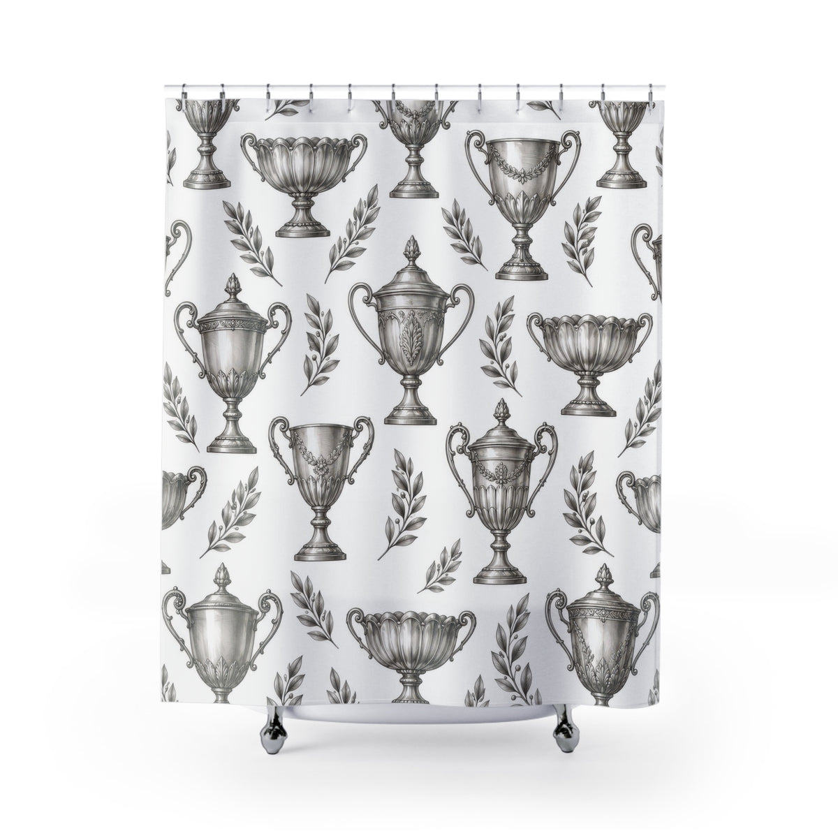 Silver trophy cups and gray laurel sprigs shower curtain with full front view