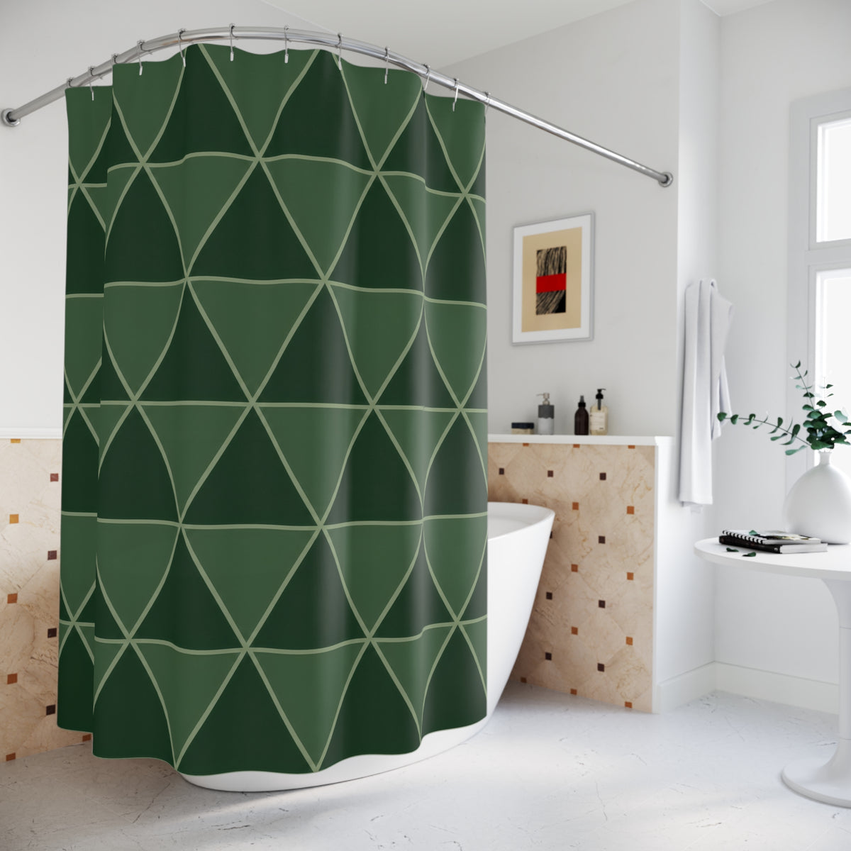 Forest green triangles with sage outlines shower curtain beside a freestanding tub
