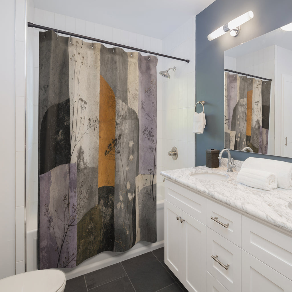 Art Deco Shower Curtain, Grey Purple Abstract Arches, Black Gold Modern Art Bath Decor, Geometric Guest Bathroom, Small Bath, Dark Decor