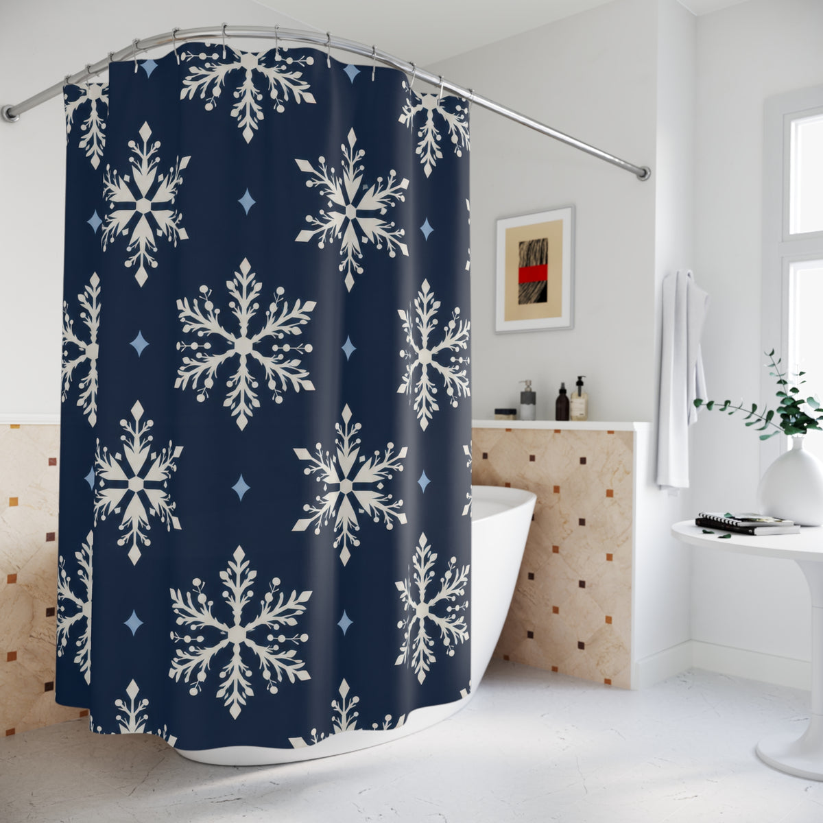 Ivory snowflakes and pale blue diamonds on navy shower curtain beside a freestanding tub