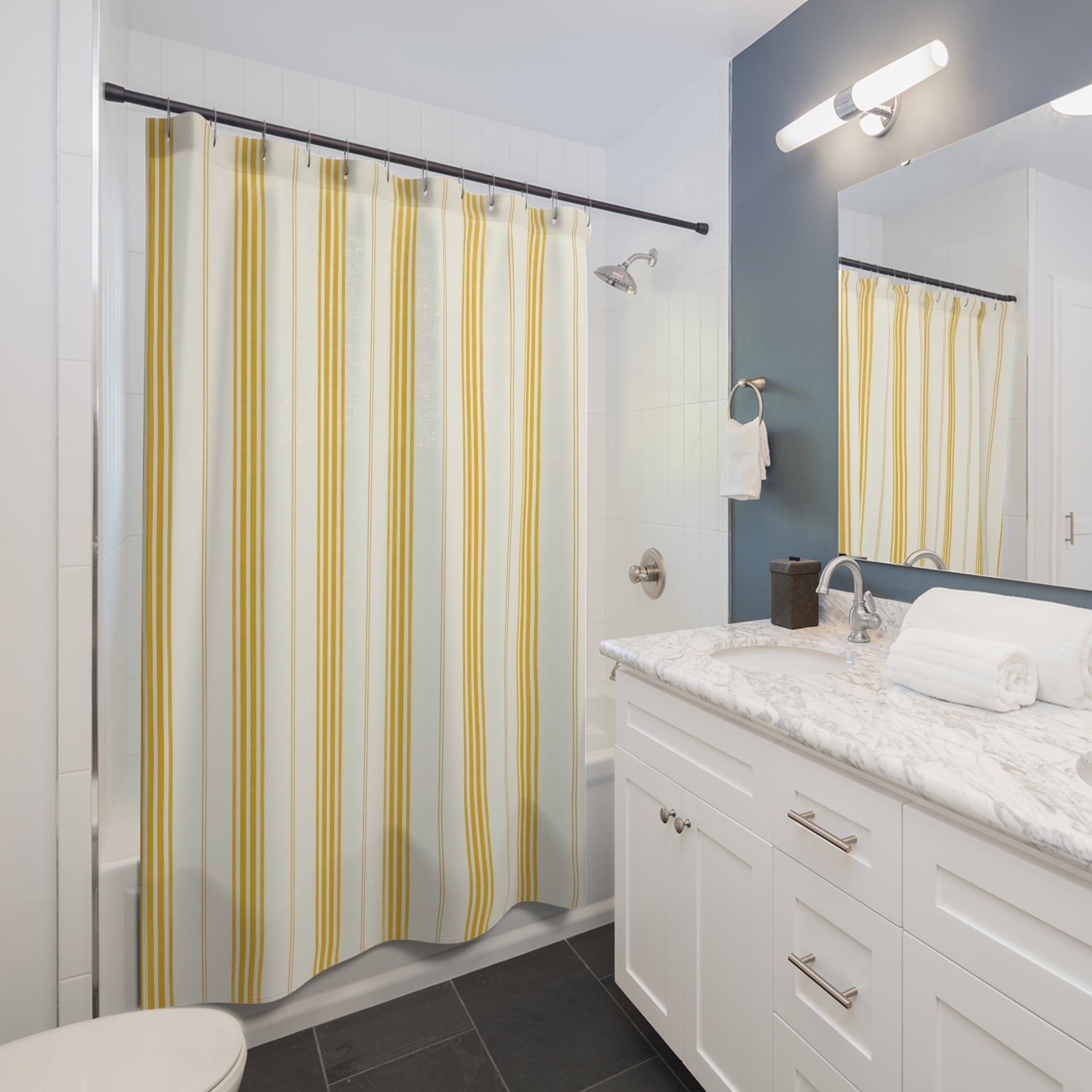 Yellow White Ticking Stripe Shower Curtain