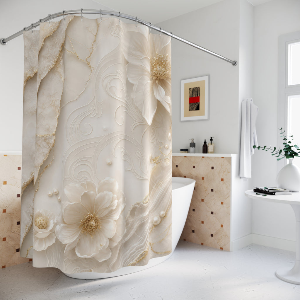 Luxury White Shower Curtain: Pearl Ivory Floral Marble