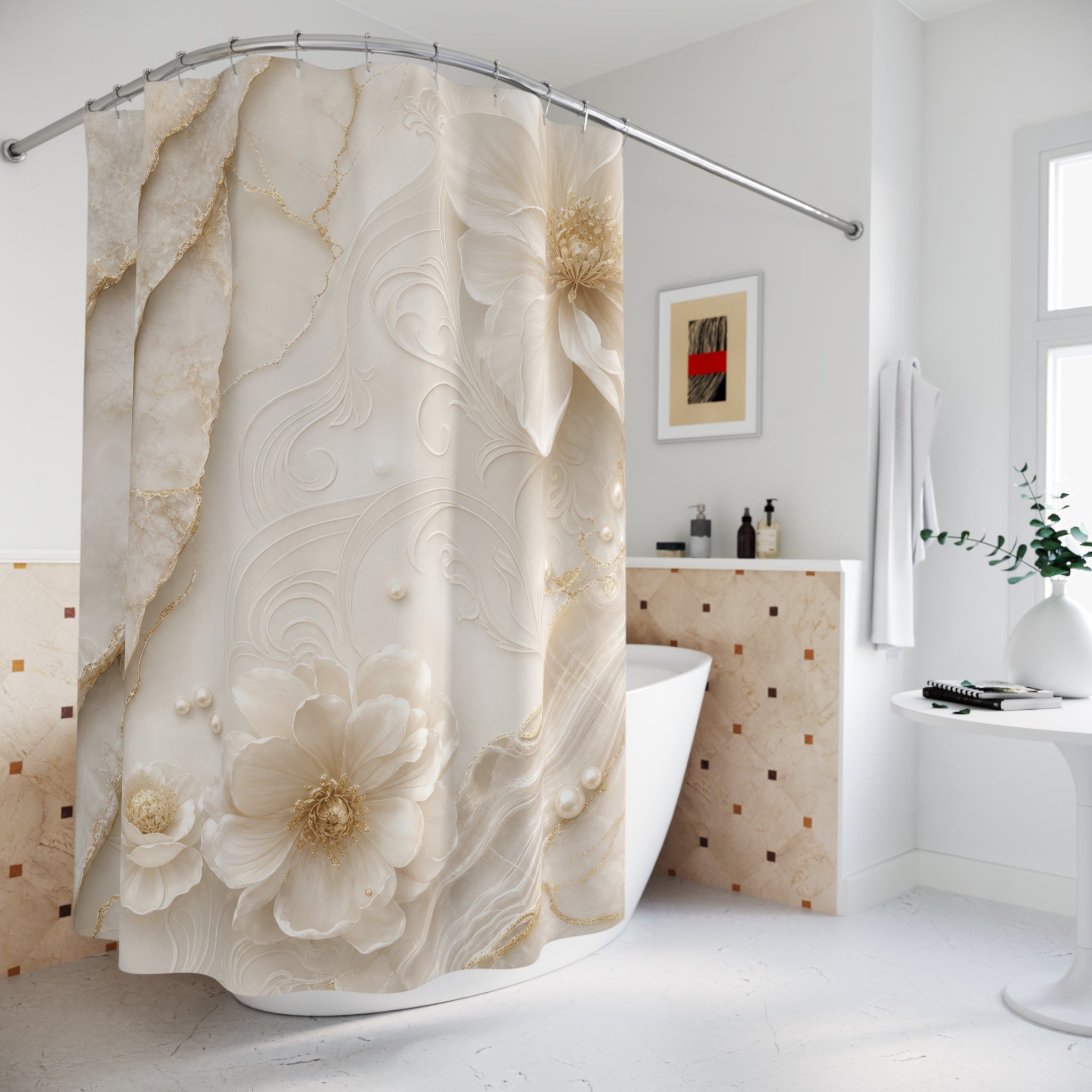 Luxury White Shower Curtain: Pearl Ivory Floral Marble