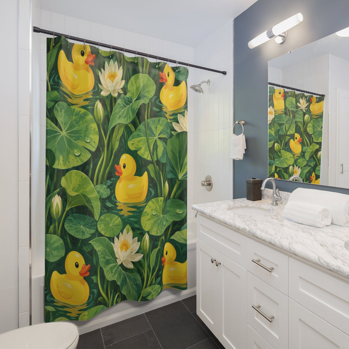 Rubber ducks among green lily pads and white water lilies shower curtain beside a white vanity