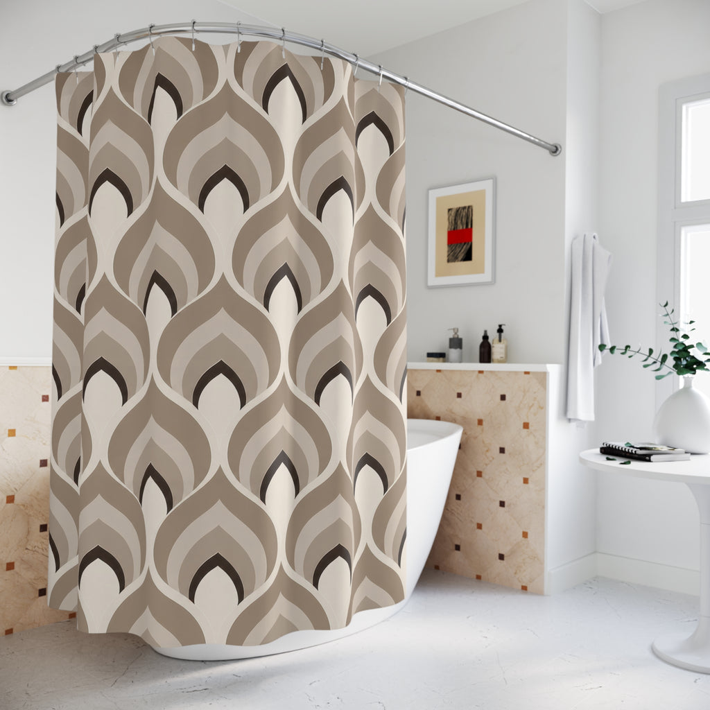 Nested taupe and mushroom ogee fan geometric pattern shower curtain beside a freestanding tub