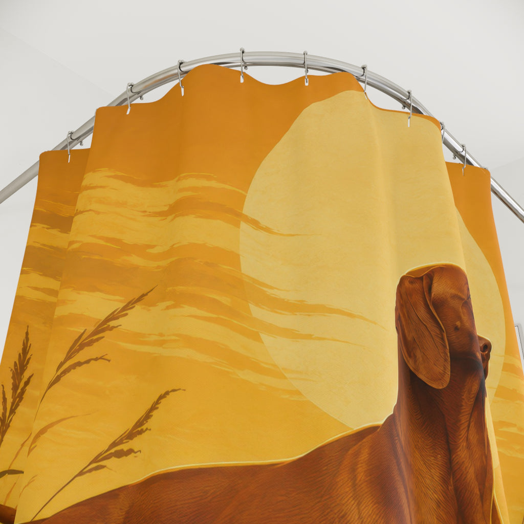 Golden meadow Vizsla shower curtain with close-up print, hooks, and folds