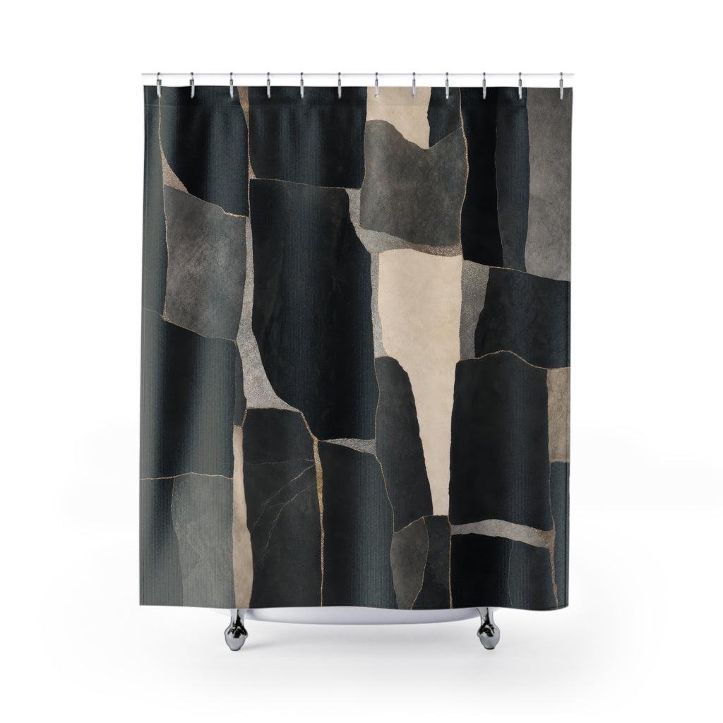 Black Gray Shower Curtain, Modern Patchwork Bath Decor, Charcoal Cream Block Pattern, Modern Abstract Neutral Guest Bathroom Decor Style
