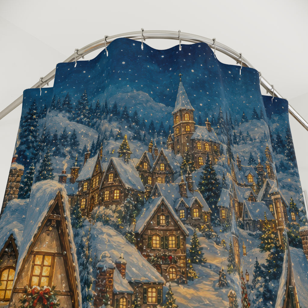 Snowy Blue Storybook Village Shower Curtain