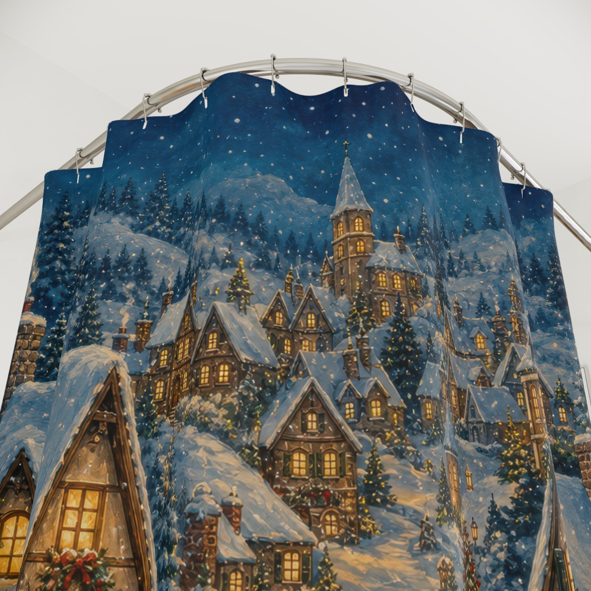 Snowy Blue Storybook Village Shower Curtain
