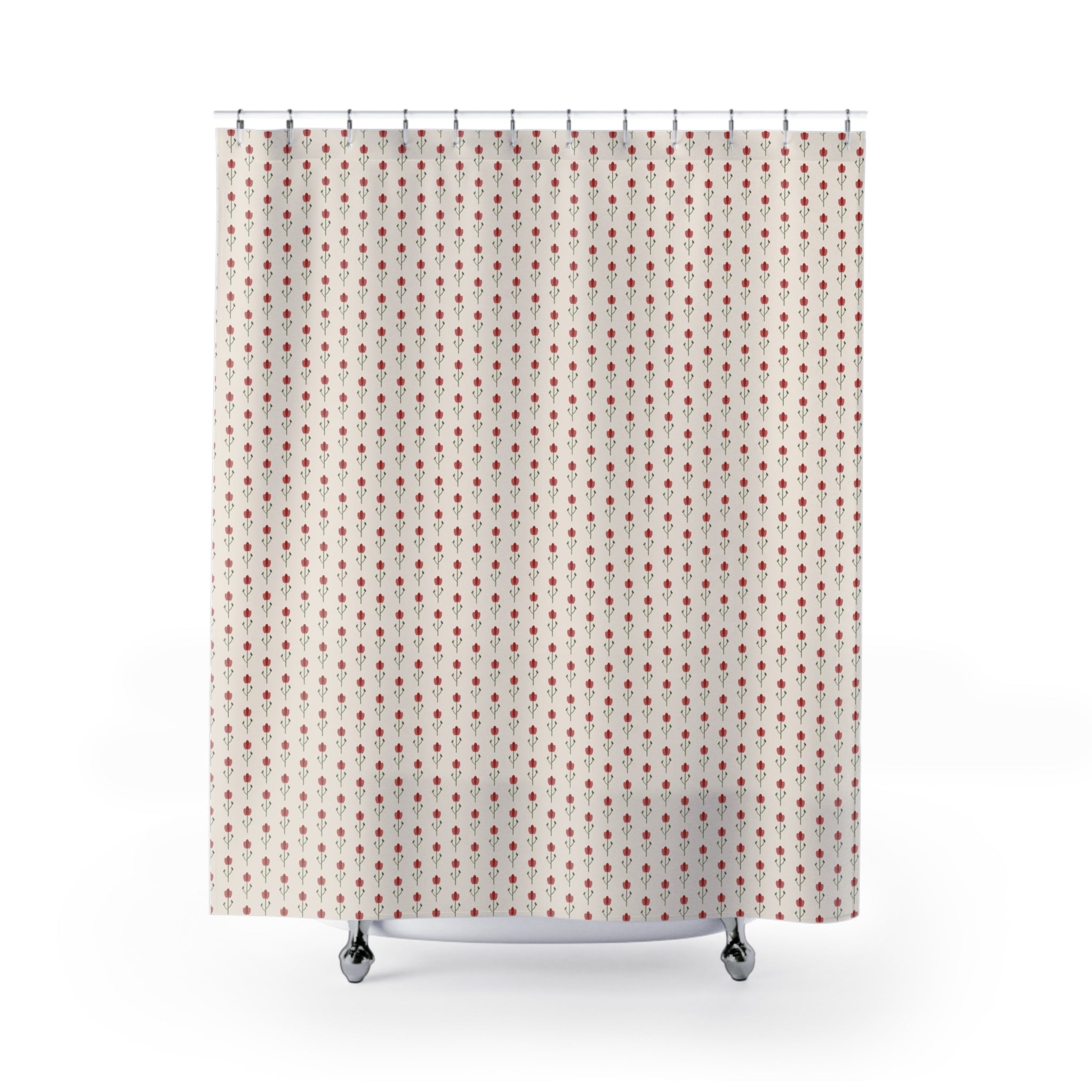 Folk Art Tulip Shower Curtain – Red & Pink on Cream