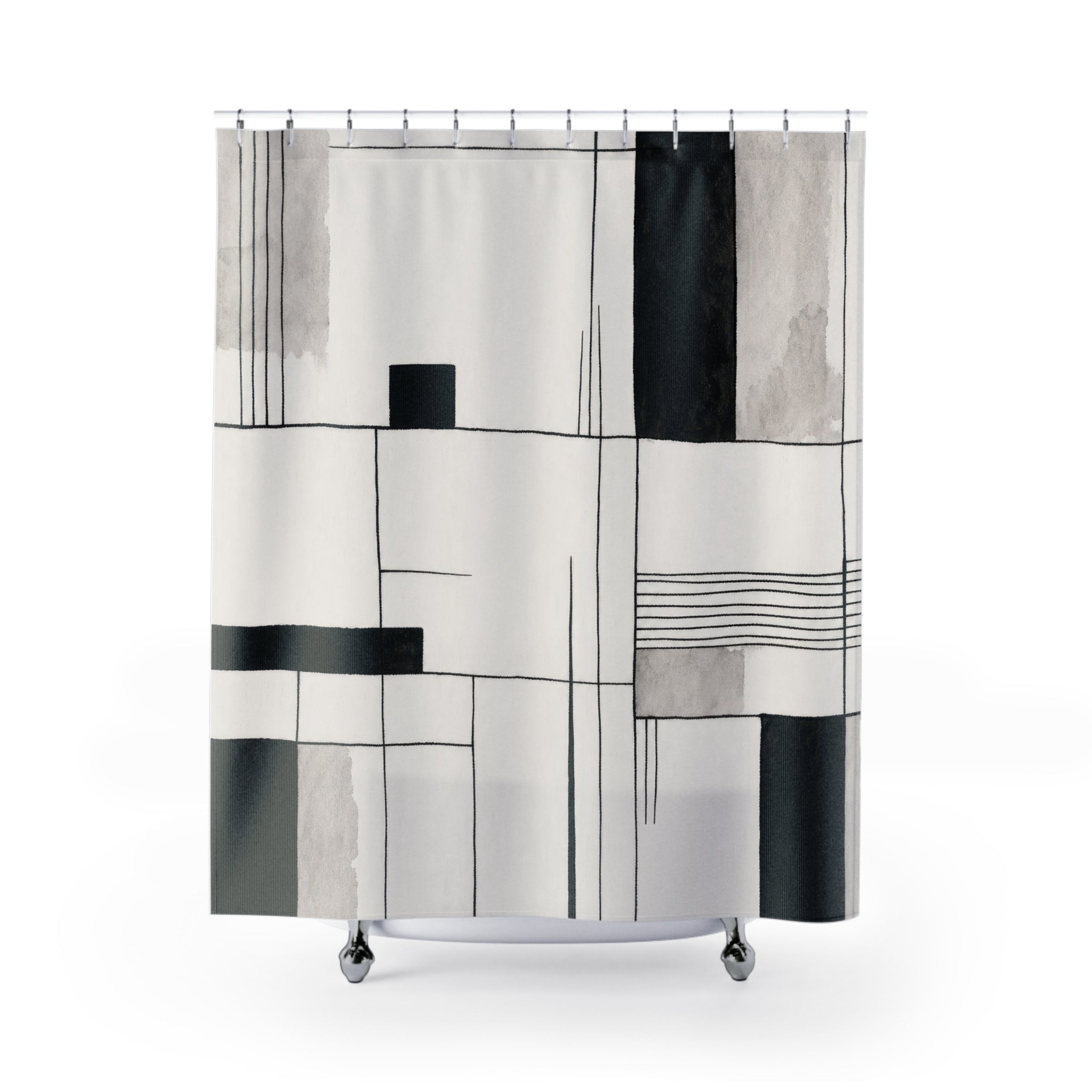Black White Block Line Shower Curtain