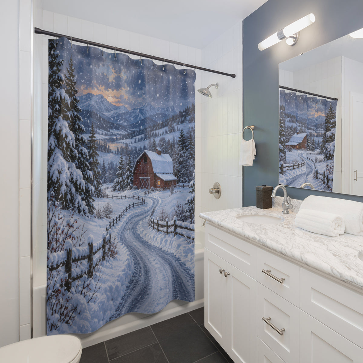 Red barn beside a snowy country lane shower curtain beside a white vanity