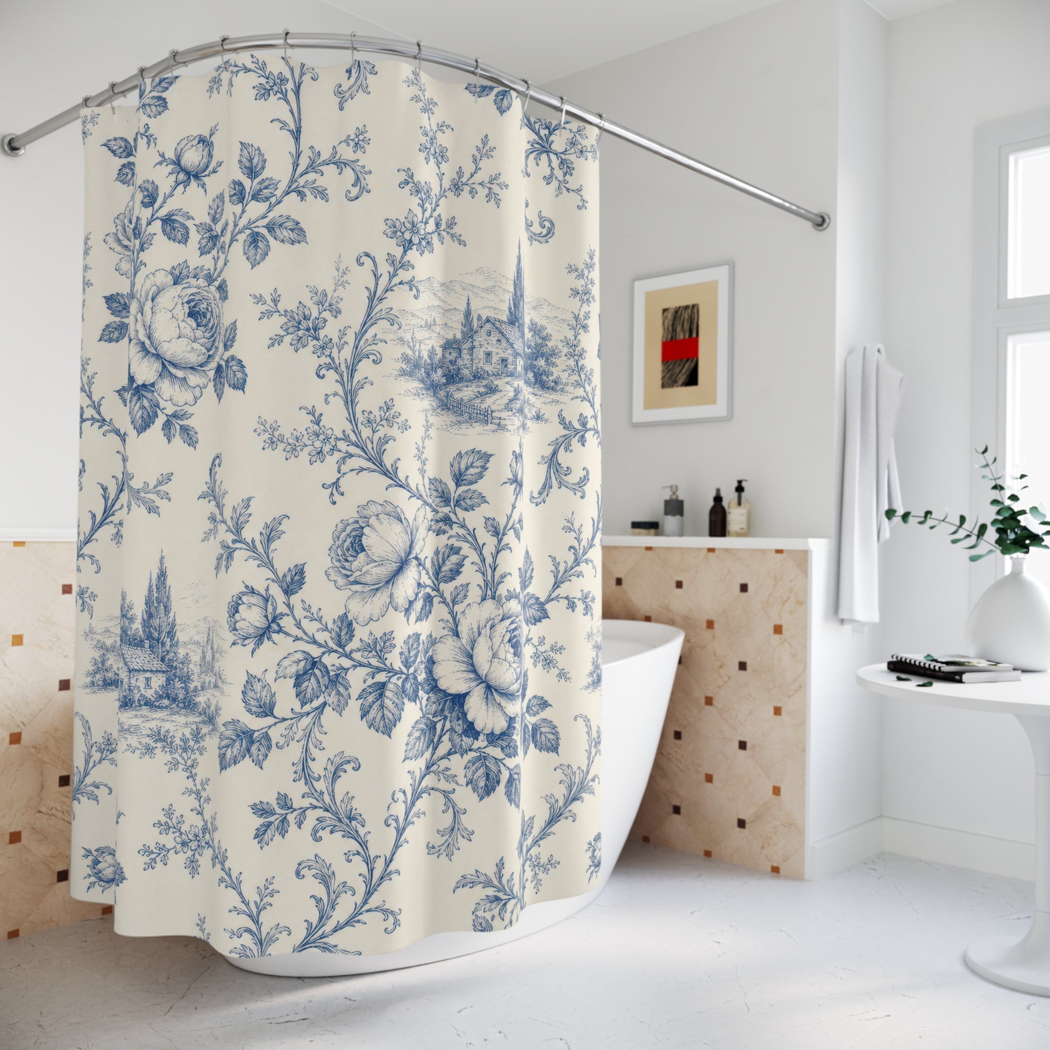 Blue Ivory French Country Floral Scene Shower Curtain