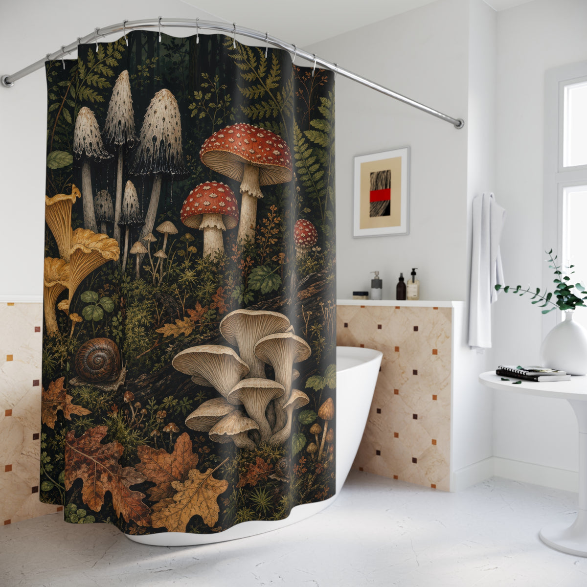 Mushroom Dark Forest Botanical Study shower curtain beside a freestanding tub