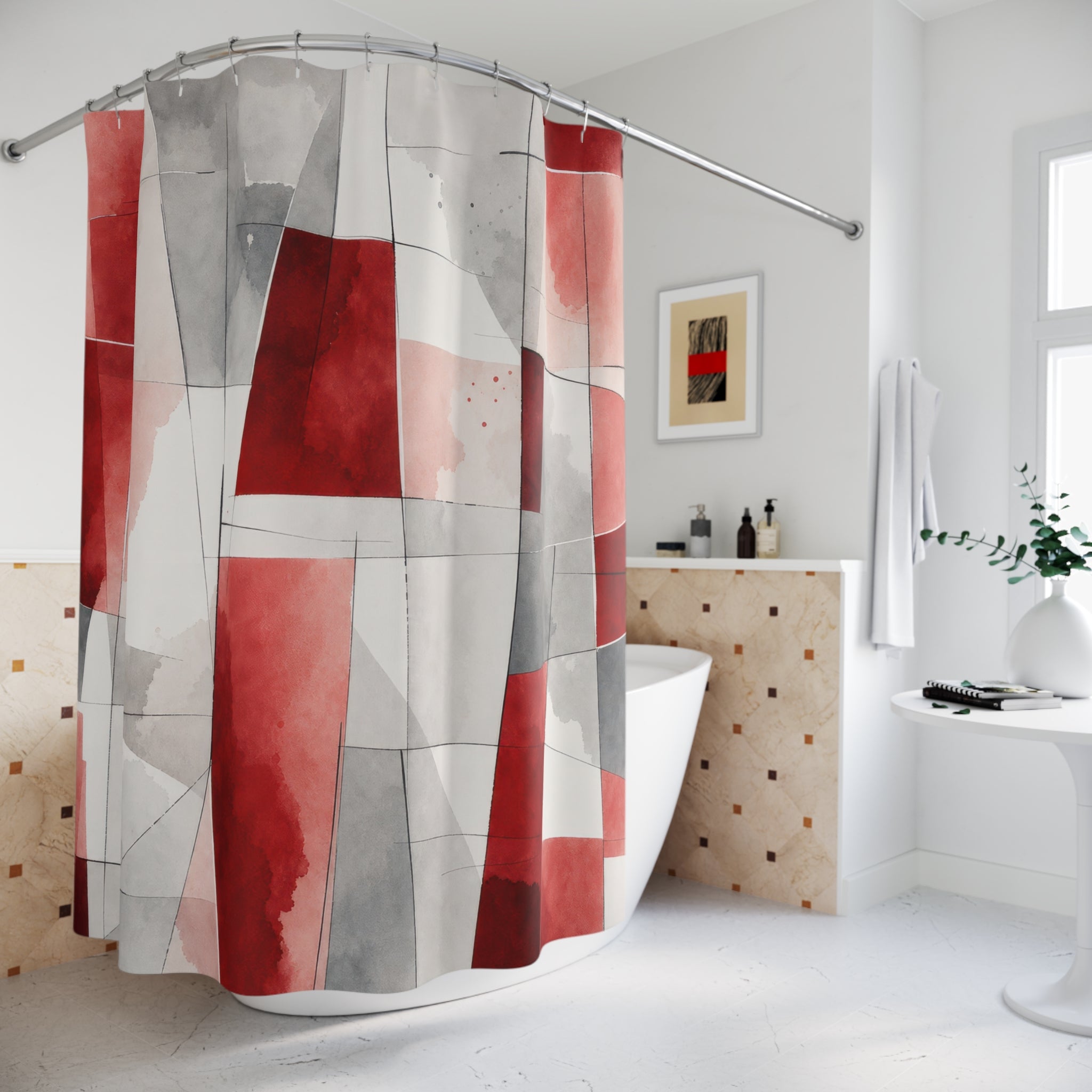 Red Gray Watercolor Abstract Shower Curtain