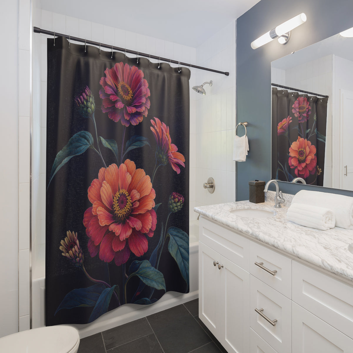 Midnight Zinnia Shower Curtain