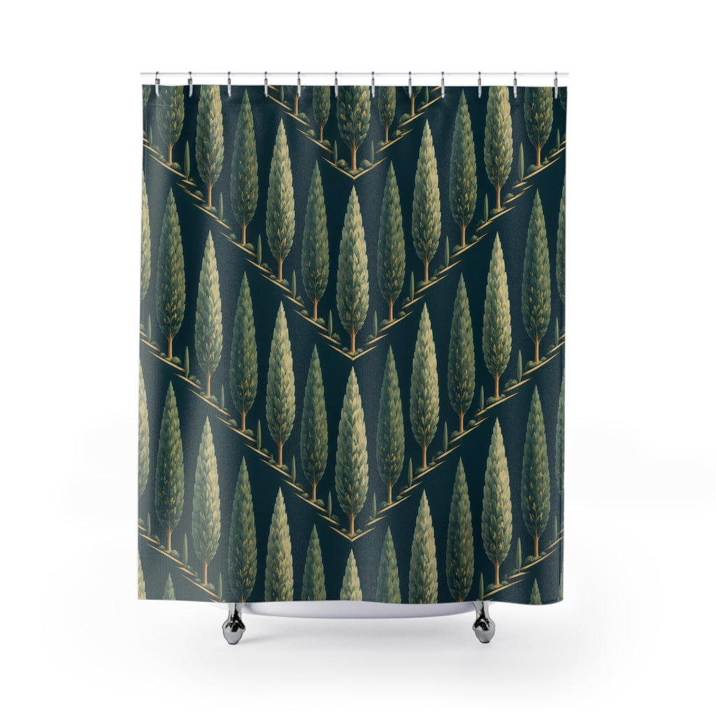 Sage cypress tree chevrons on deep teal shower curtain with full front view