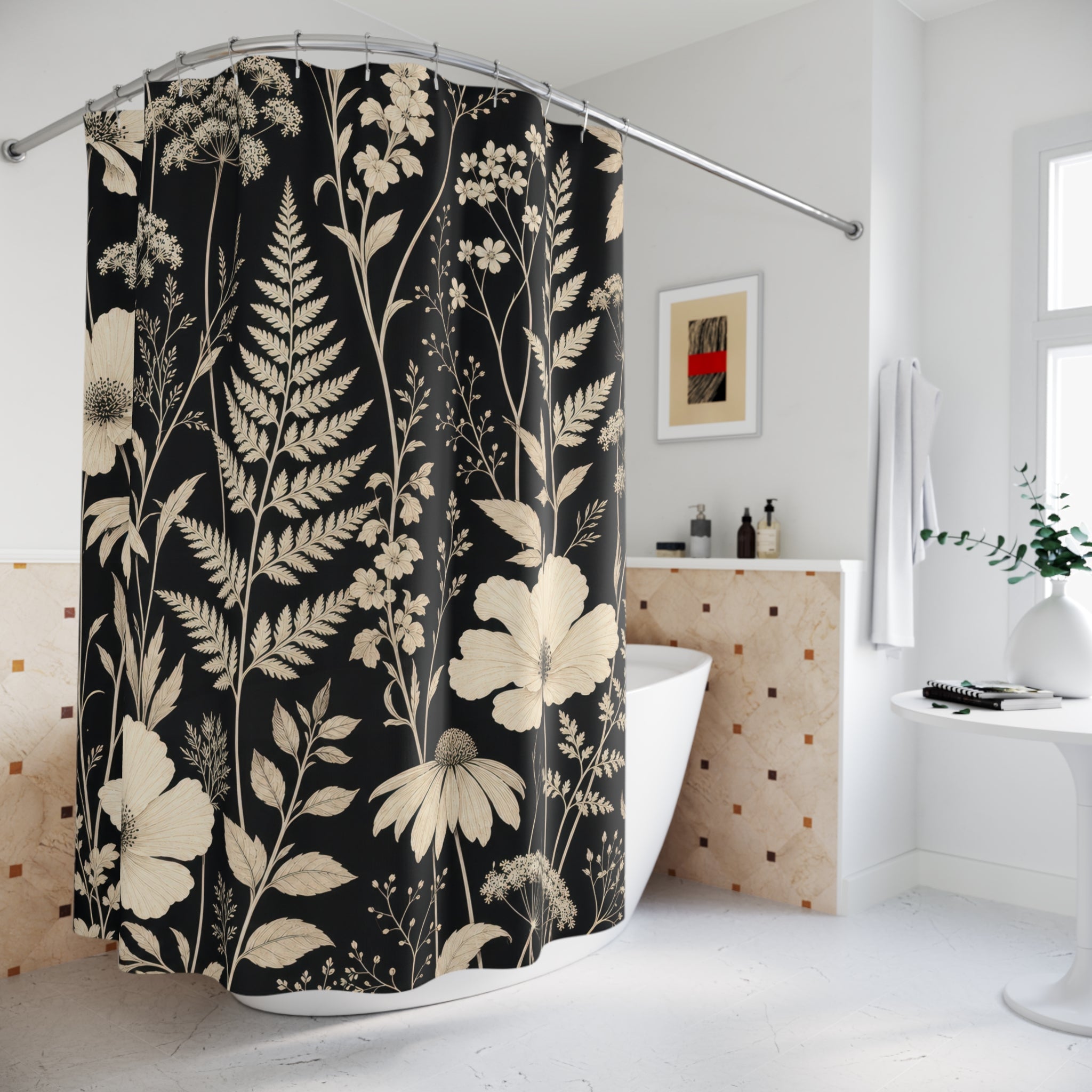 Black Cream Dark Botanical Shower Curtain