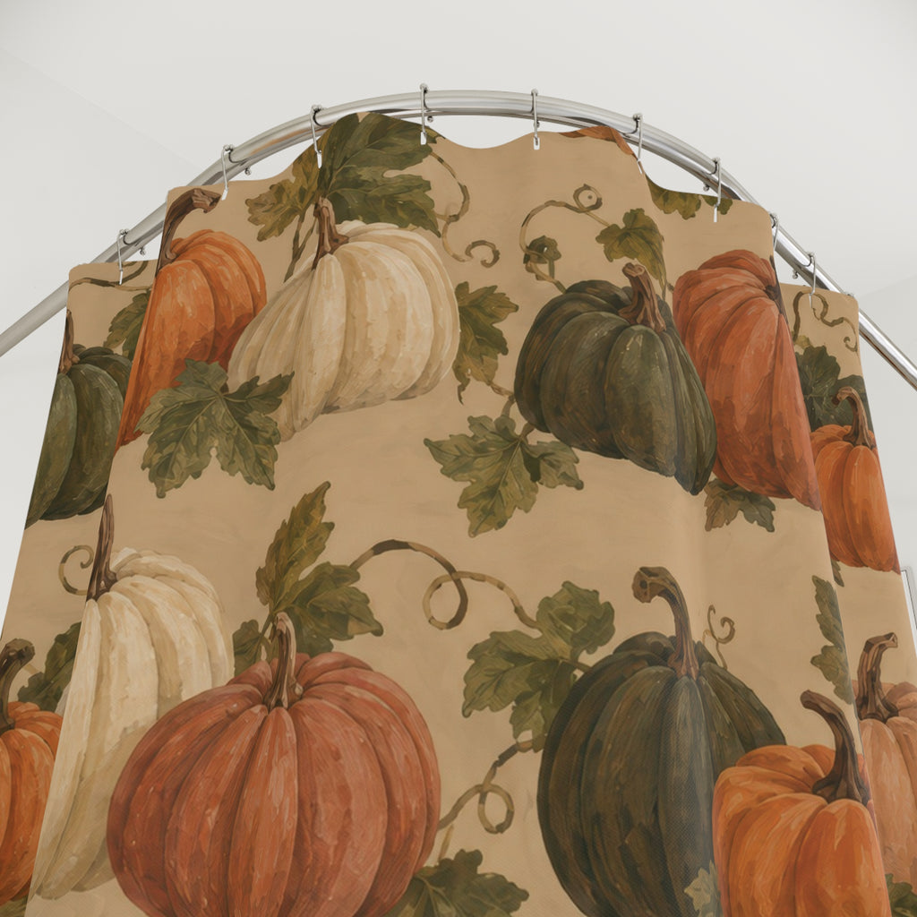 Orange olive and cream pumpkins with leafy stems shower curtain with close-up print, hooks, and folds