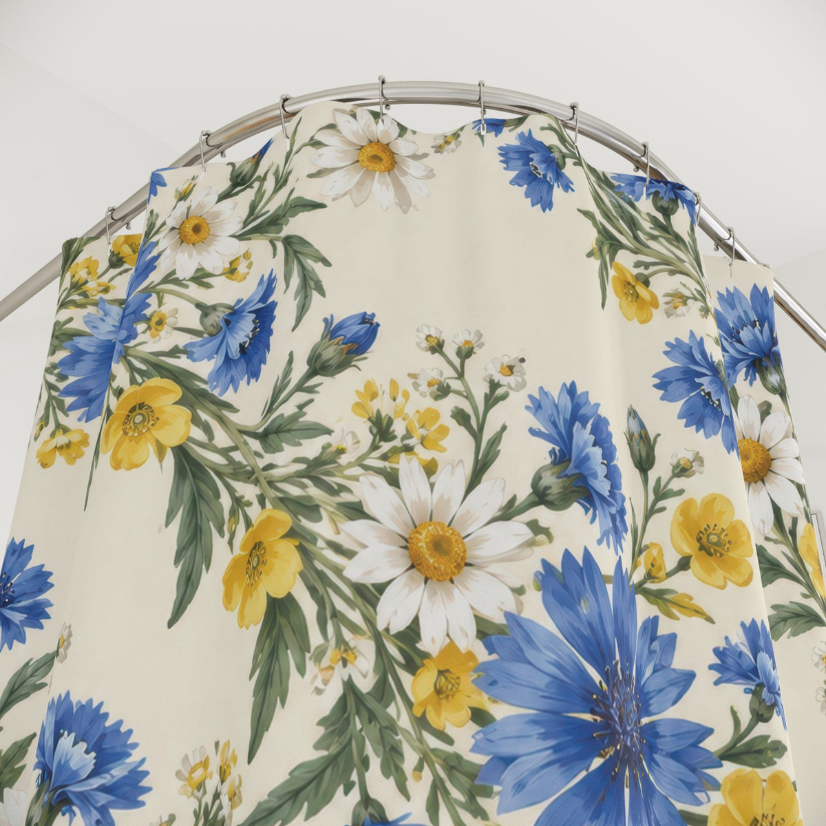 Blue cornflowers, white daisies and yellow buttercup garlands shower curtain with close-up print, hooks, and folds